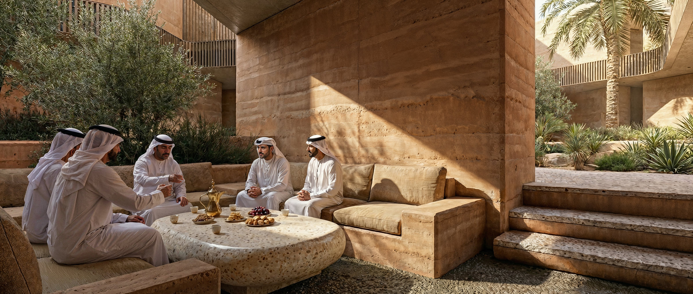A family gathered on the sunken courtyard seating