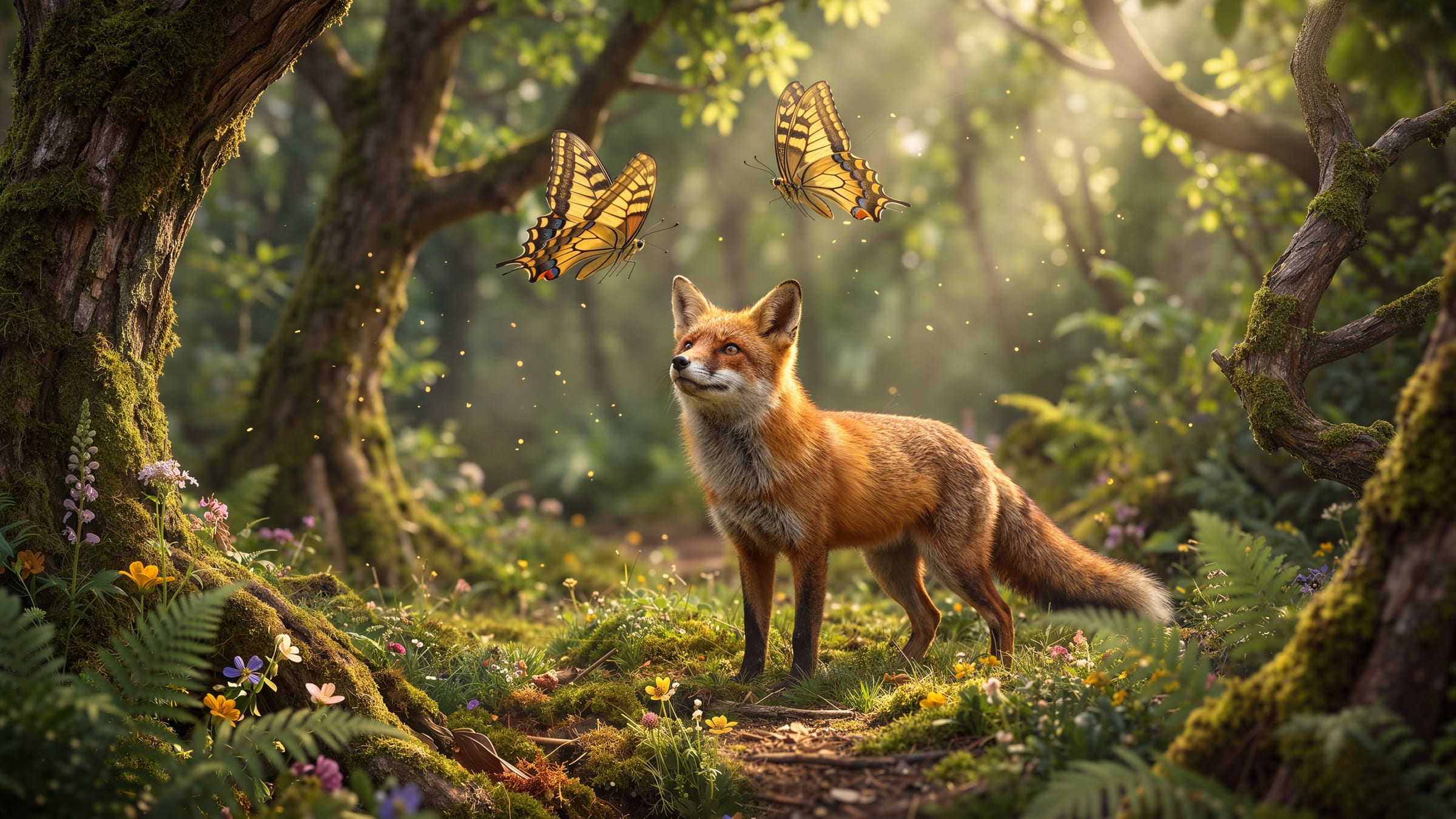 A red fox standing in a summer glade among wildflowers, looking up at the two butterflies