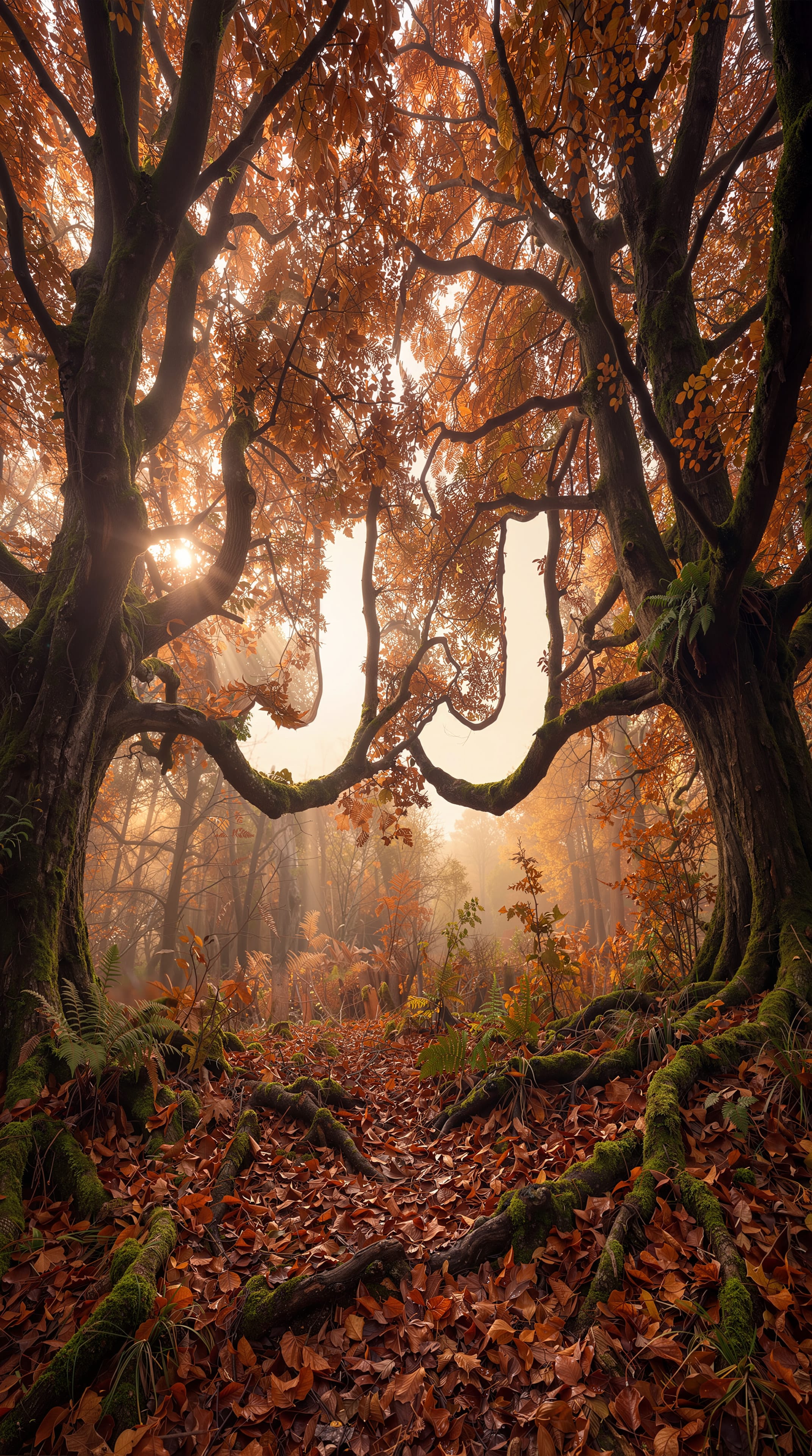 Two arching oaks whose boughs frame the sky in the shape of the couple's initials, over a leaf-covered path