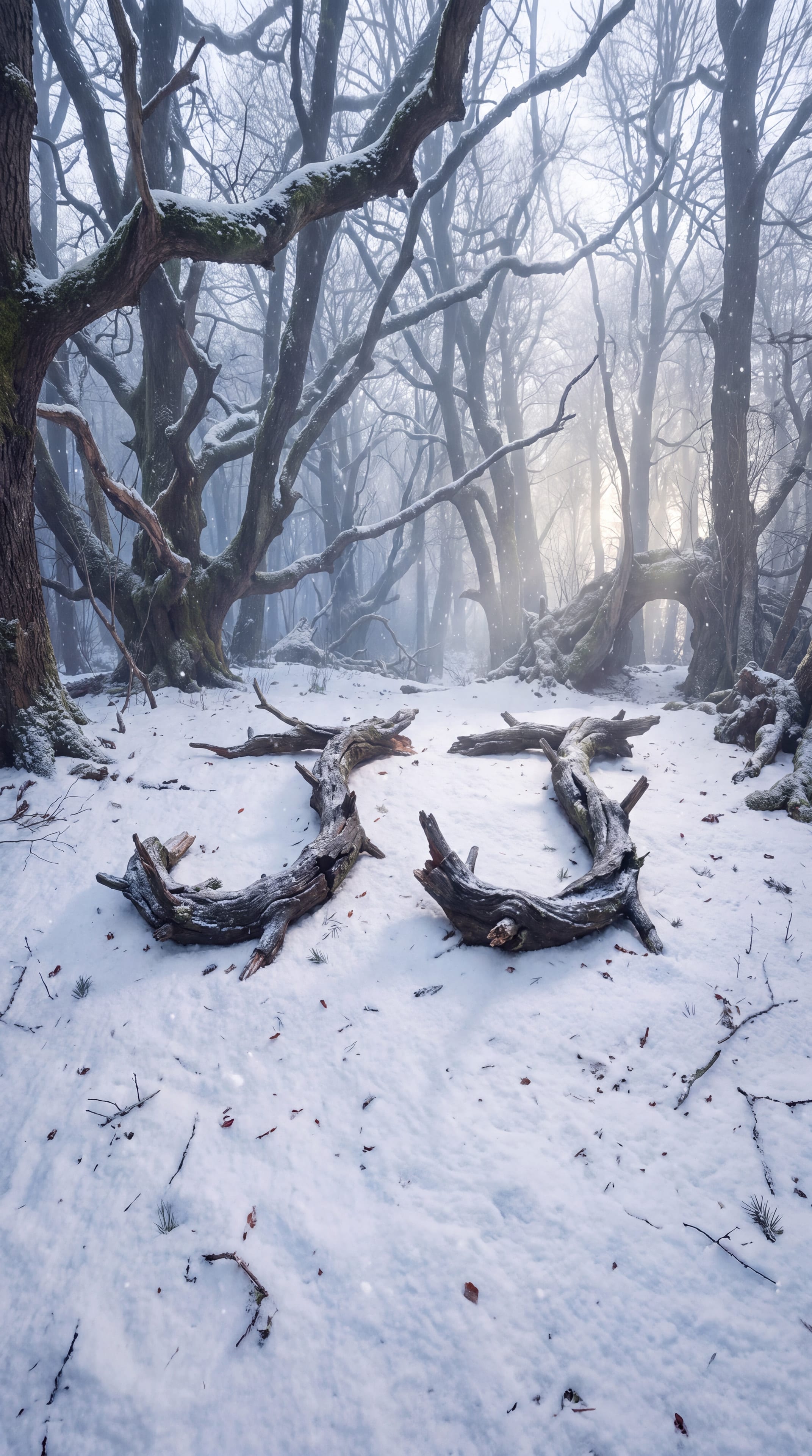 Fallen branches lying in fresh snow in the shape of the couple's initials, frosted oaks behind