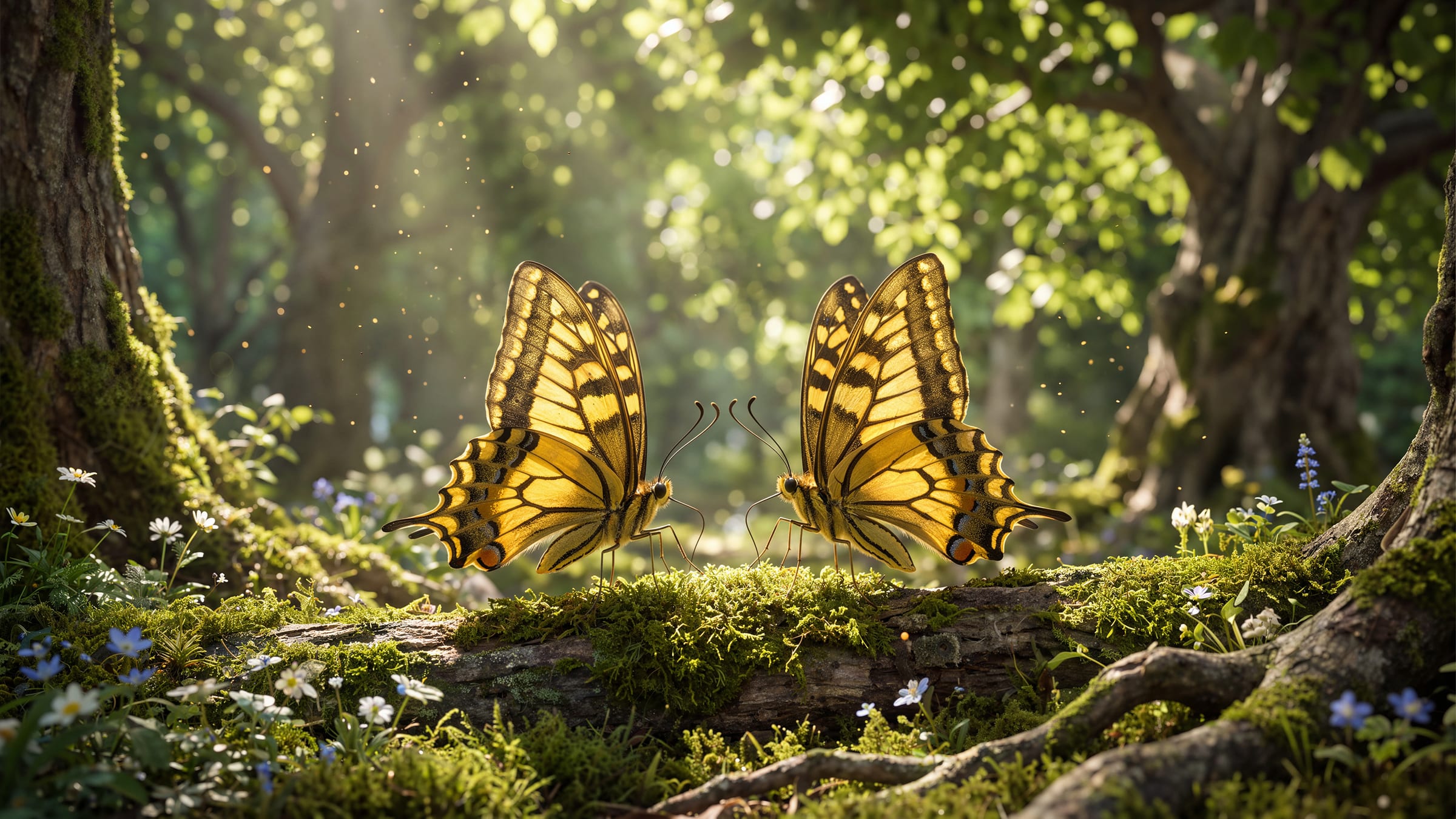 Two swallowtail butterflies facing each other on a mossy log in a sunlit summer glade