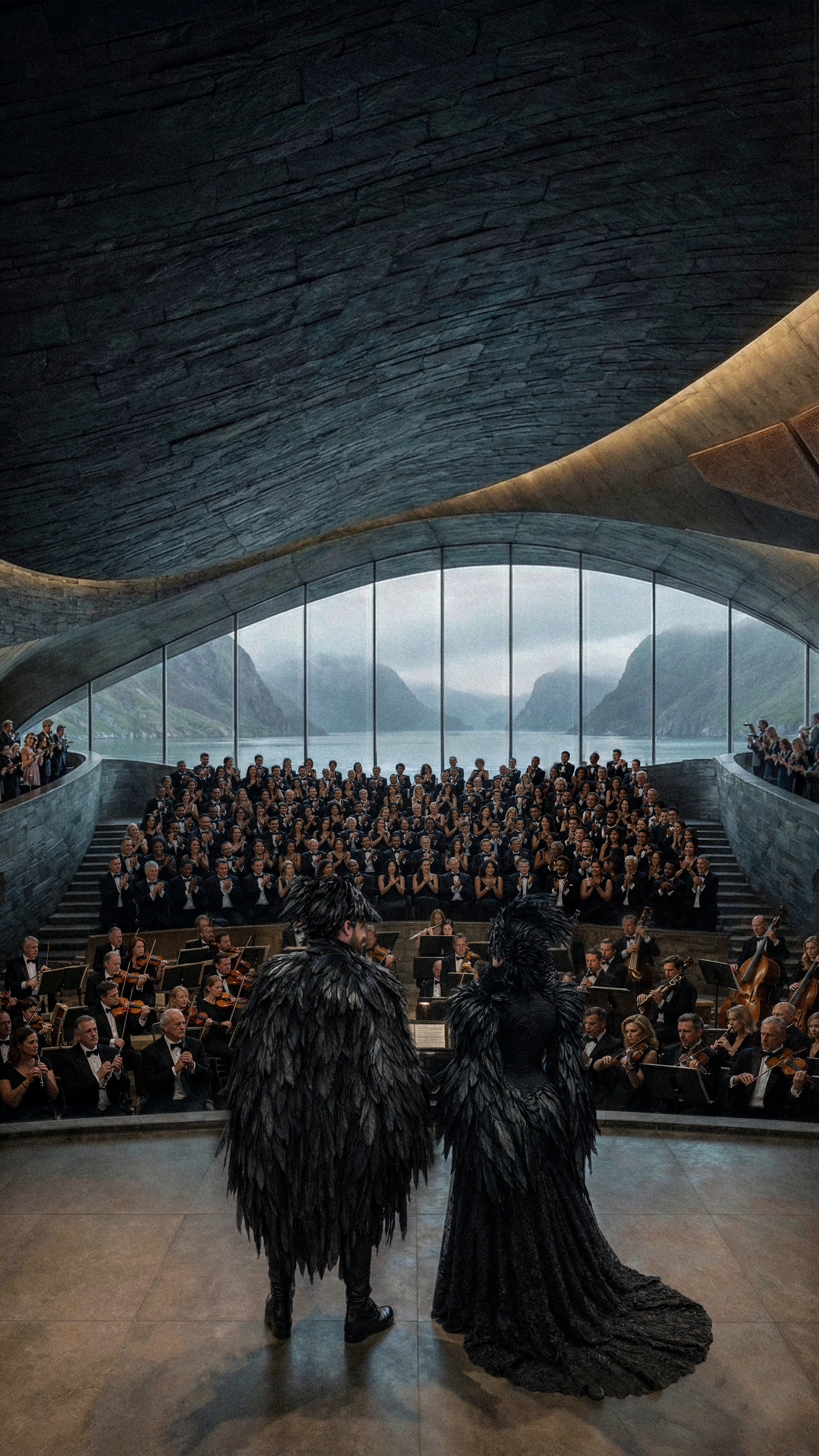 A choir performing in the auditorium beneath the ribbed timber ceiling