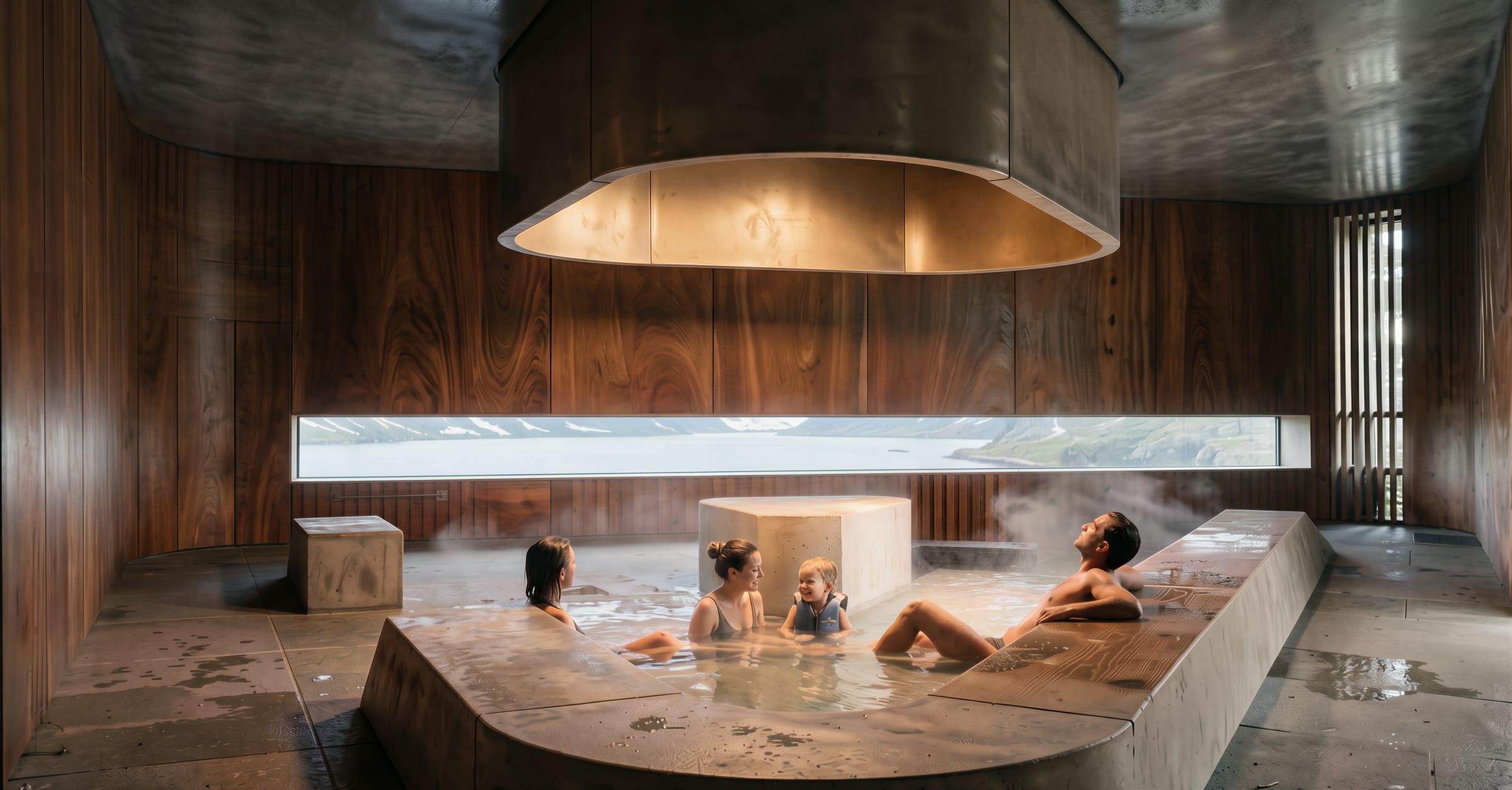 A family in the warm bath of a timber-lined room, with a long horizontal window onto the fjord