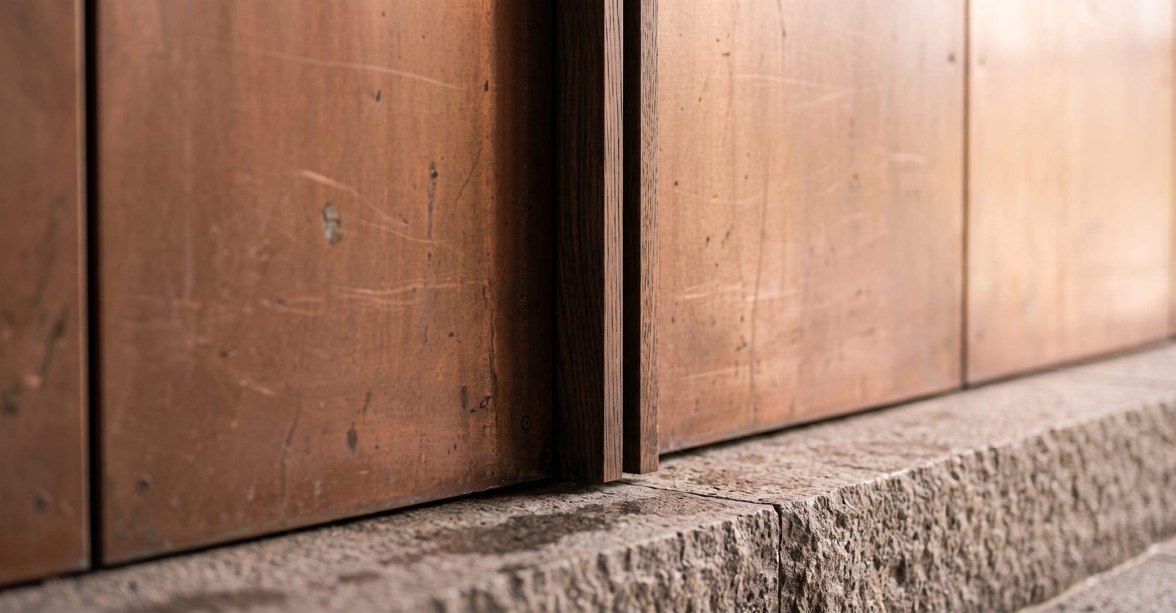 Scratched copper panels meeting a rough stone plinth