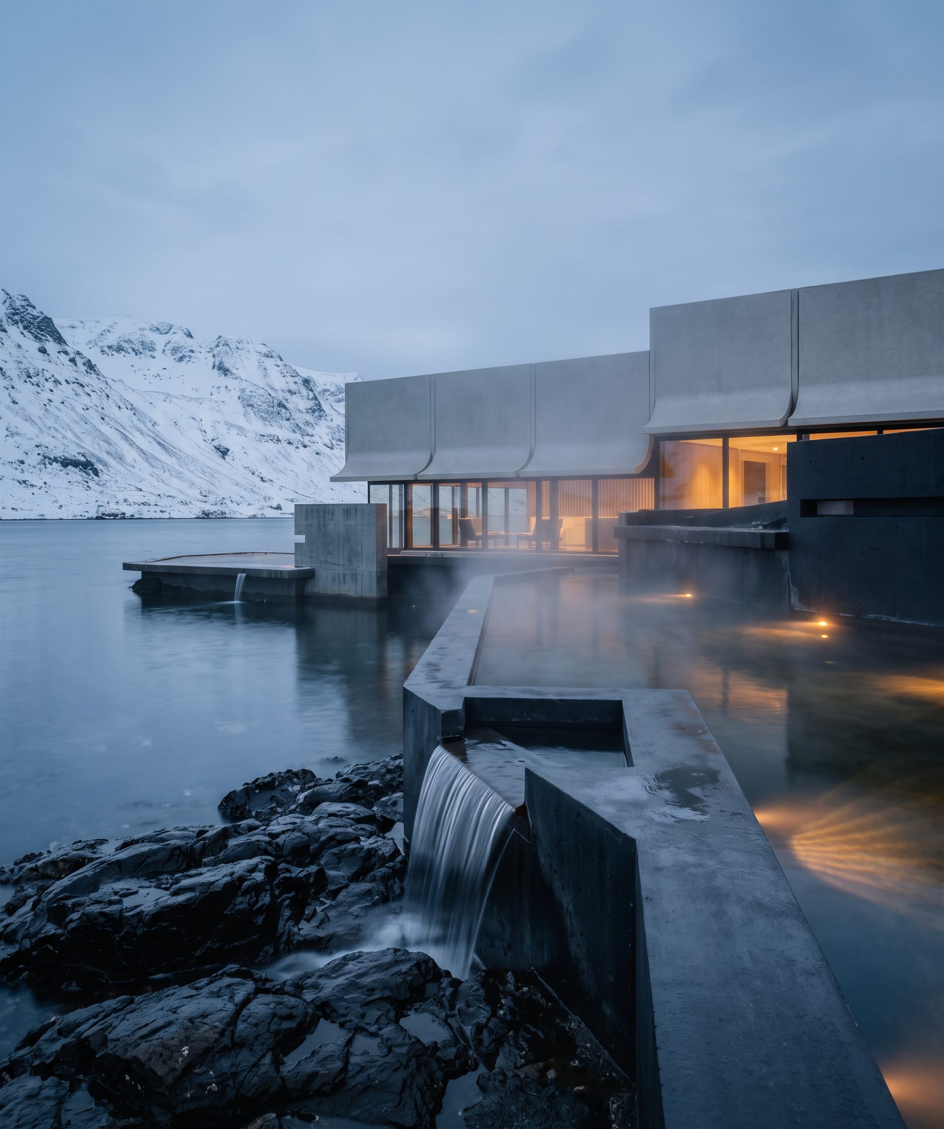 The edge of a warm pool overflowing onto dark rocks below the glazed bathhouse, snow on the mountains beyond