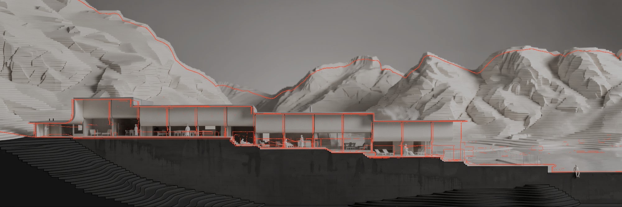 The card-model section dimmed, with red outlines from the model following its roofline, floor levels and the mountain skyline