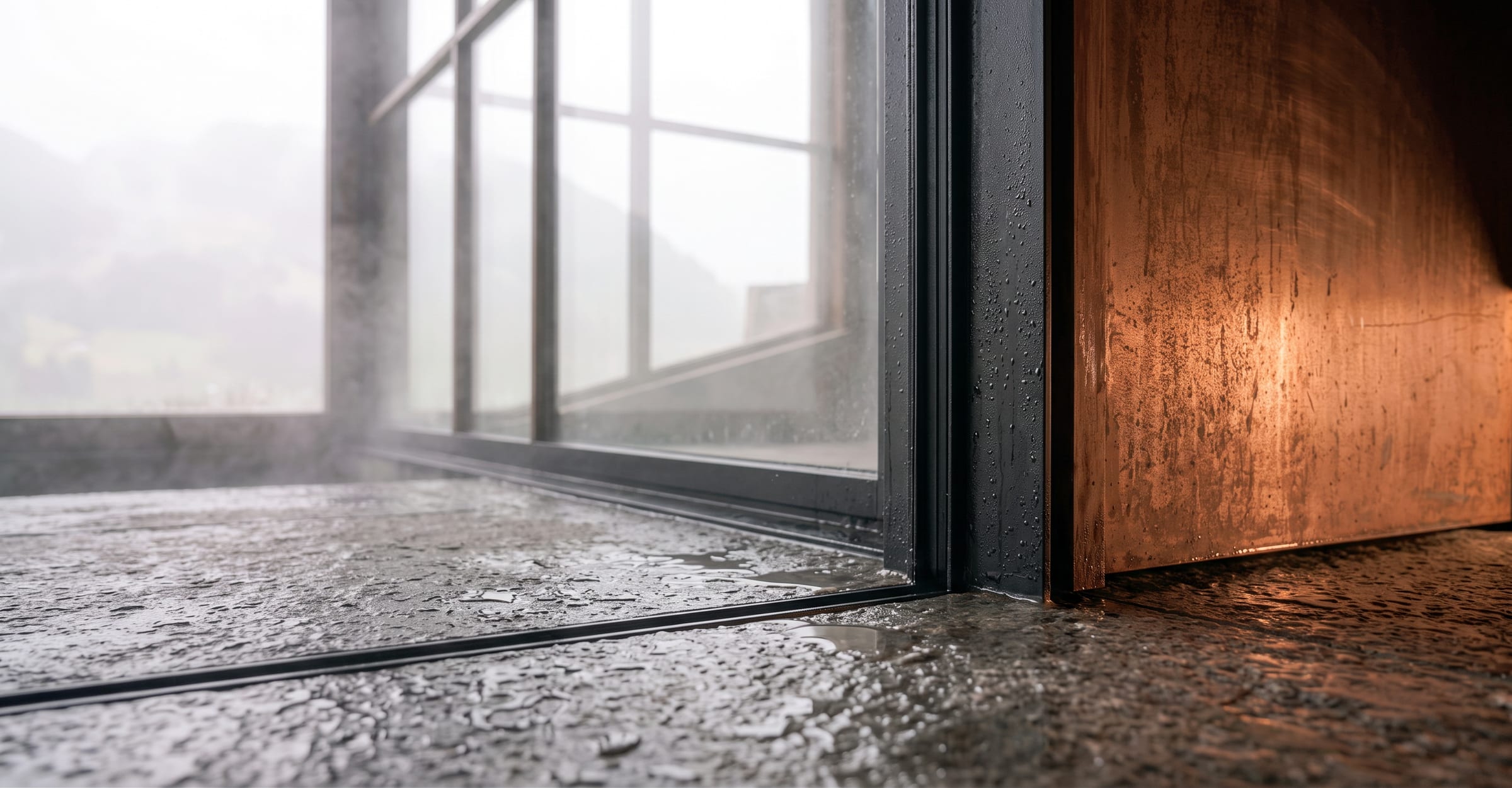Water beaded across a stone floor at a glazed door, a copper wall beside it and mist outside