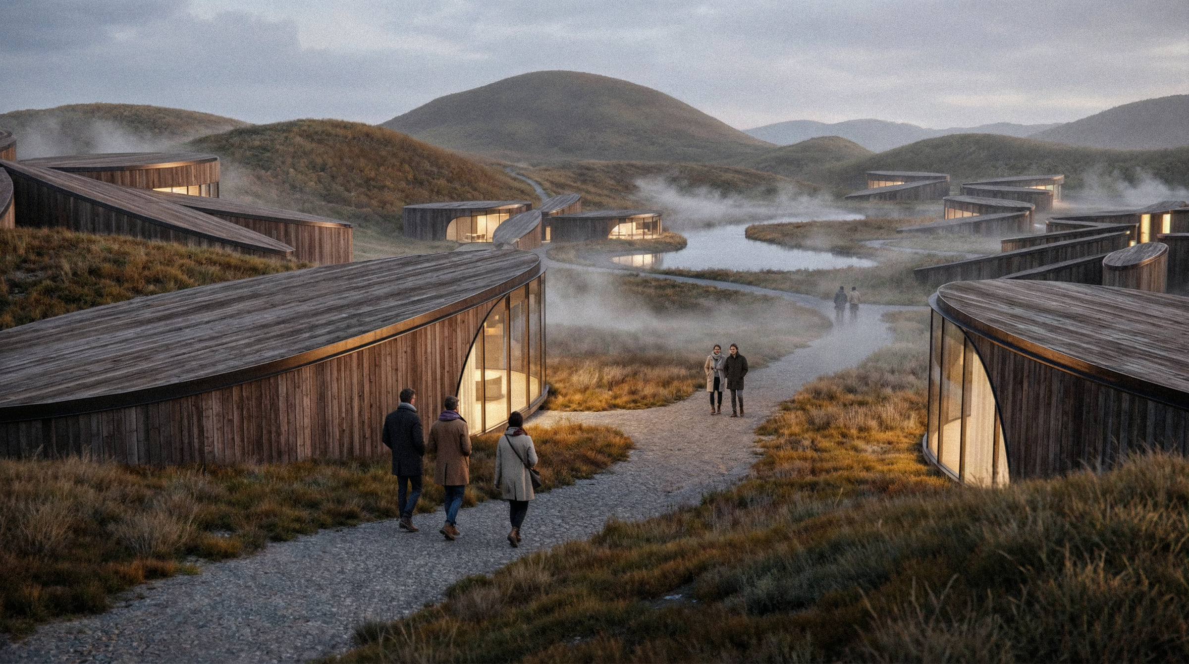 Two visitors on the path between cabins, mist lying across the tundra